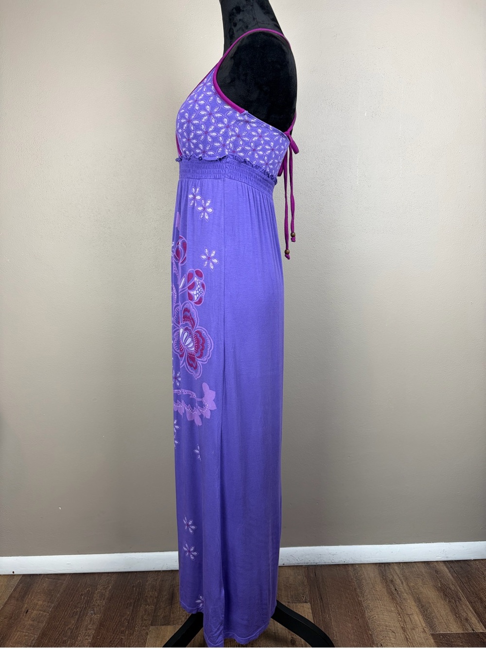 Aeropostale Purple Floral Boho Y2K Maxi Dress Surfer Hippie V-Neck Halter M EUC - Picture 4 of 16